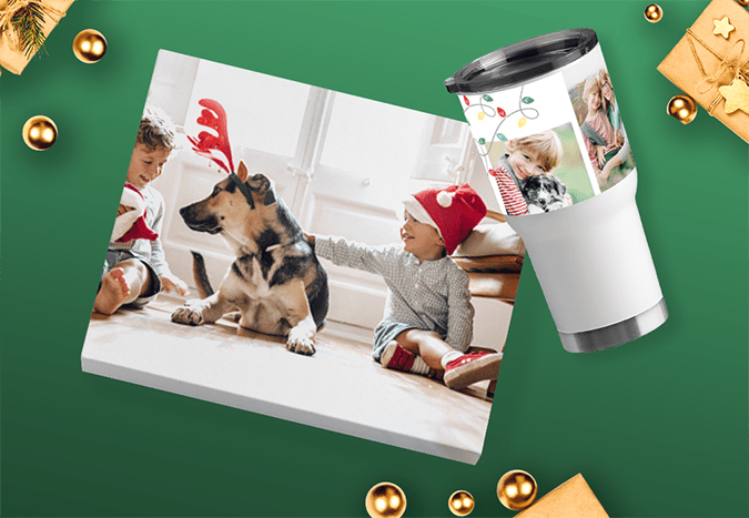 Photo gifts, including a canvas print and photo tumbler with holiday photos