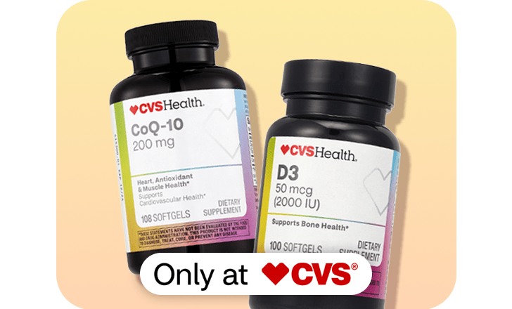 Two bottles of CVS Health Co Q 10 and D3 vitamins, only at CVS.