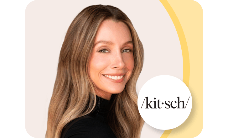 Portrait photo of Cassandra Thurswell, Kitsch logo.