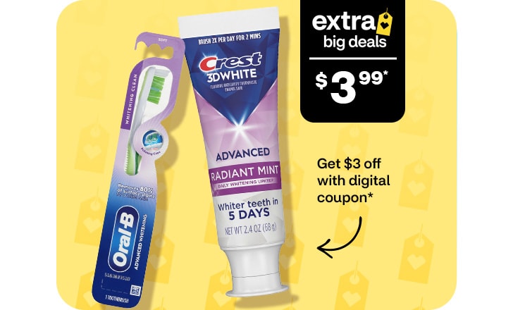 Extra Big Deals, $3.99. Pague $3 menos con un cupón digital. Crest 3-D White toothpaste and Oral-B toothbrush.