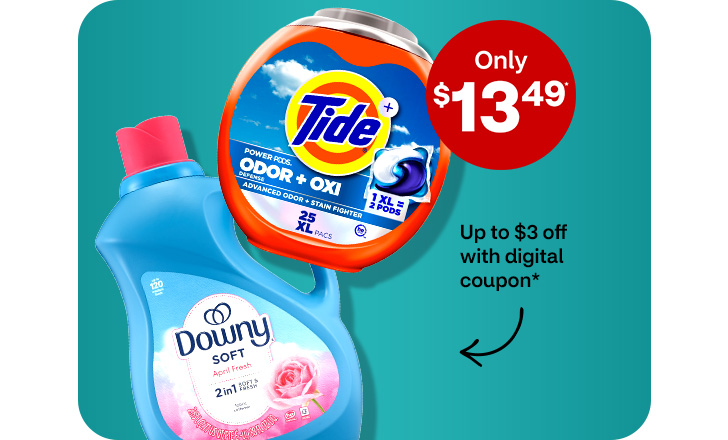 Only $13.49. Up to $3 off with digital coupon. Downy Soft April Fresh detergent and Tide pacs.