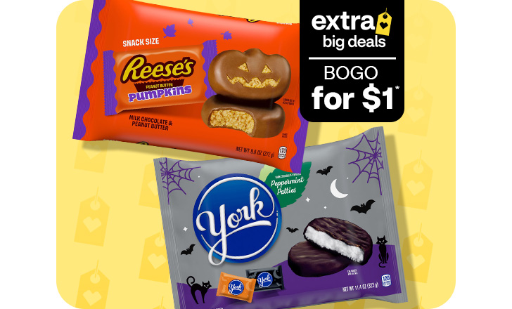 Extra Big Deals, buy 1, get 1 for $1. Halloween-themed Reese’s and York peppermint patties.