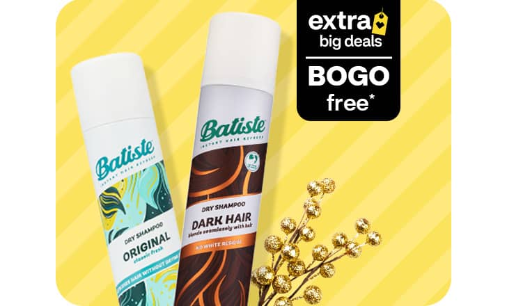 Buy one, get one free, bottles of Batiste original and dark hair dry shampoo.