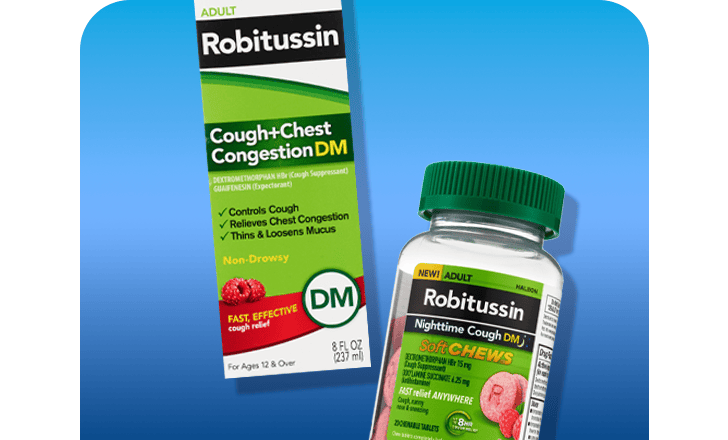 Robitussin Cough + Chest Congestion DM and Nighttime Cough DM soft chews cold remedy.