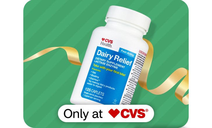 A bottle of CVS Health Dairy Relief digestive support caplets, only at CVS.