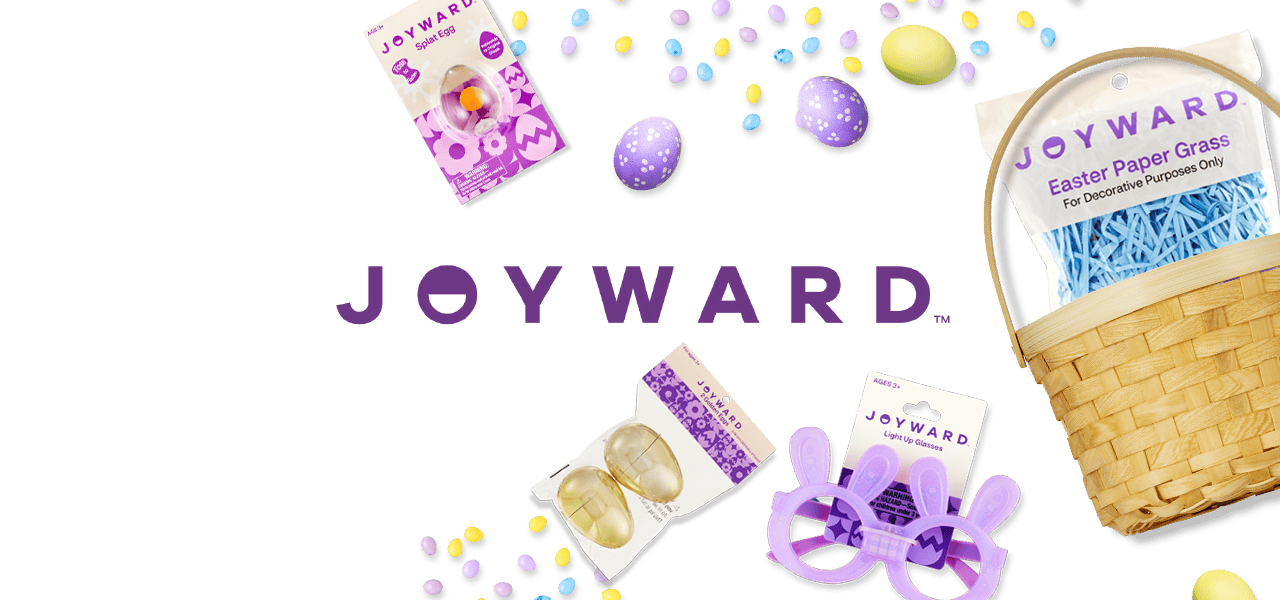 Joyward, brown Easter basket with Joyward products, including Easter Paper Grass, purple light-up bunny glasses, Splat Egg, a printed Flannel throw, a stuffed animal sheep amd Easter eggs and Jelly Bean egg candies against a purple background