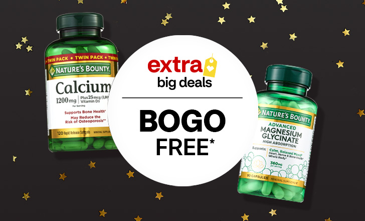 "Buy one, get one free" offer dot on Nature's Bounty products.