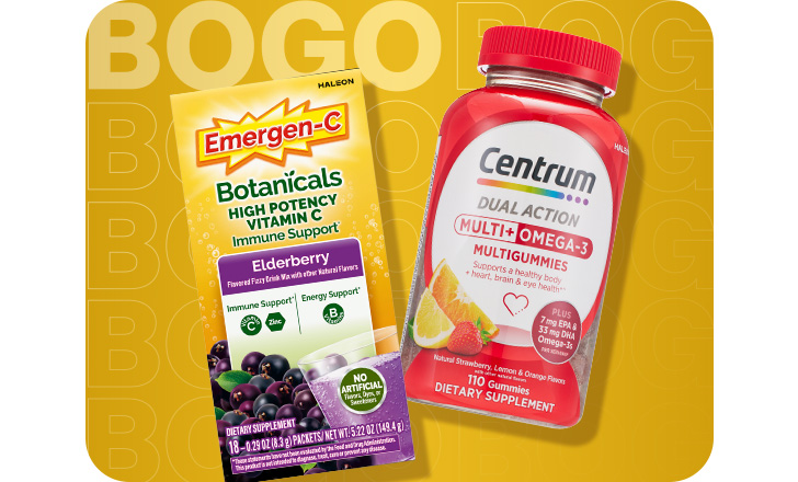 Buy 1, get 1 50% off. Emergen-C Botanicals Vitamin C and Centrum Dual-Action Multi+ Omega-3 Multigummies.
