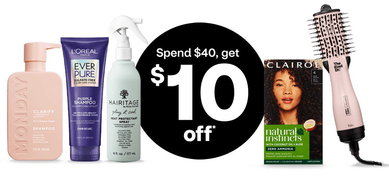 Big Hair Event; gaste $40, pague $10 menos en productos para el cabello como champú Monday, champú L'Oréal violeta, protector térmico en spray Hairitage, tinte para cabello Clairol y cepillo modelador The Knot Dr.