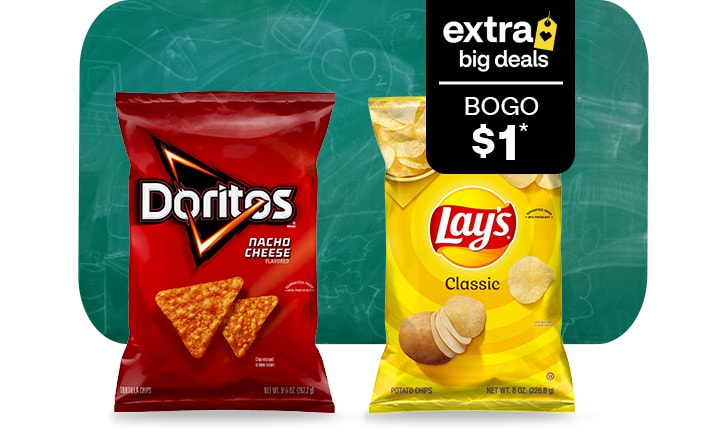 Extra Big Deals. Buy 1, get 1 for $1. Doritos and Lay's against a school chalkboard