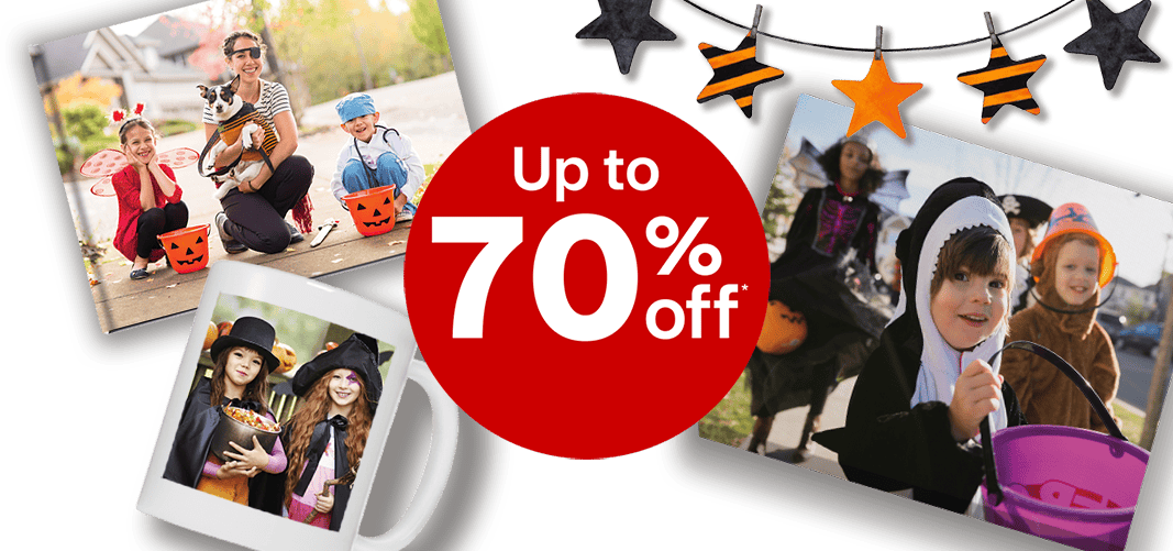 Up to 70 percent off on photo products, including photo book, mug and canvas print, family Halloween photos
