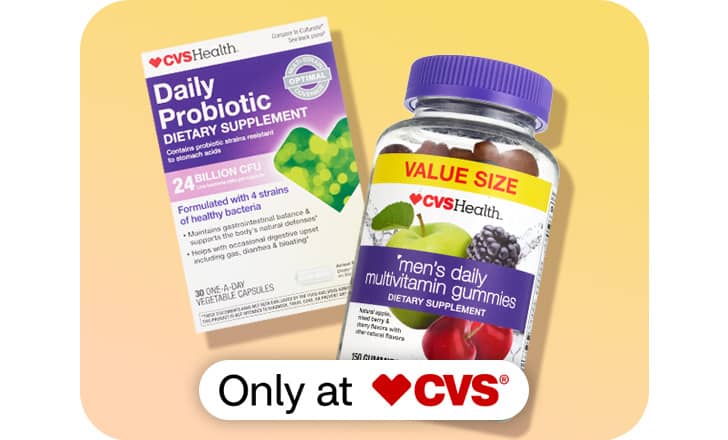 A box of CVS Health Daily Probiotic capsules and a Value Size bottle of CVS Health men's daily multivitamin gummies, only at CVS.