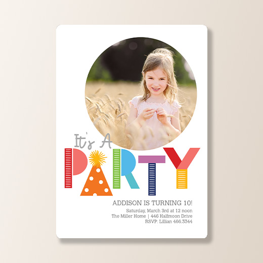 Birthday party card with an image of a child smiling in a field and the words "It's a Party! Addison is turning 10!"