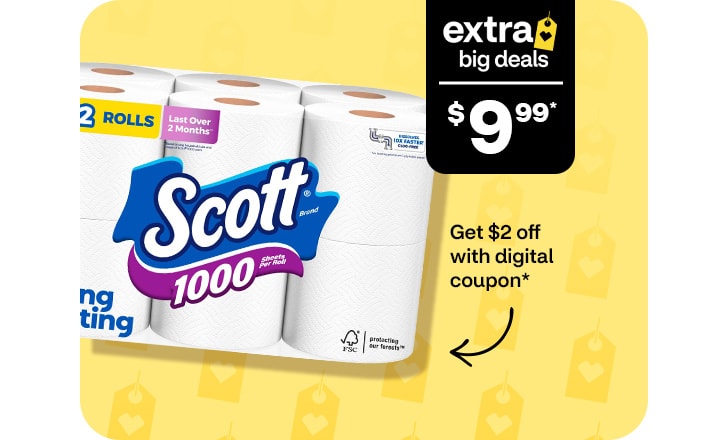 Extra Big Deals, $9.99. Pague $2 menos con un cupón digital. Scott toilet paper