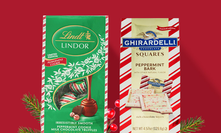 Lindt peppermint cookie truffles and Ghirardelli peppermint bark squares
