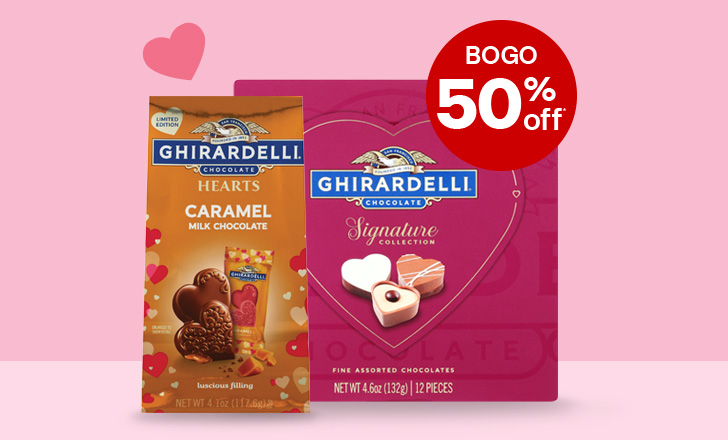Buy one, get one 50% off, Ghirardelli caramel hearts and signature collection chocolates