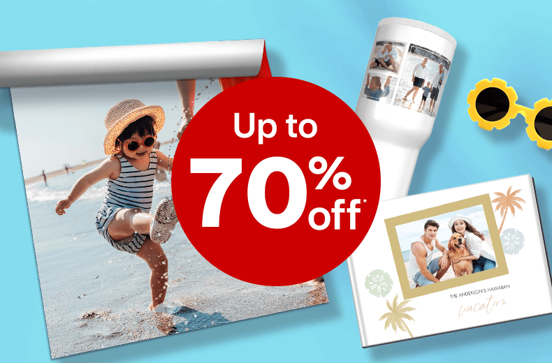 Up to 70 percent off, repositionable poster, travel mug and photo book with vacation photos, a pinwheel and sunglasses
