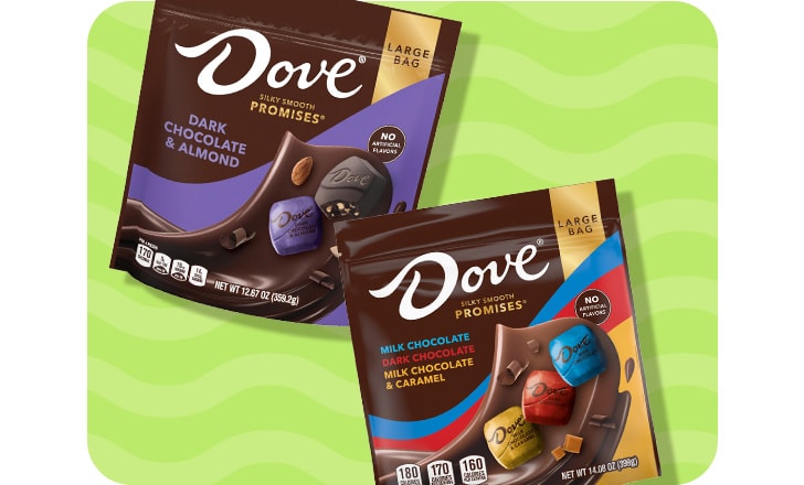 Dove dark chocolate and almond and Dove milk chocolate, dark chocolate and milk chocolate and caramel
