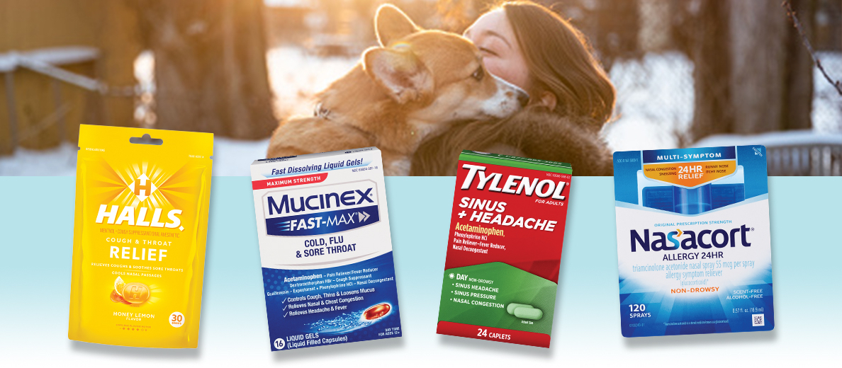 A woman plays with her dog on a cold winter’s day. Get a variety of cold and allergy support products at CVS from Halls, Mucinex, Tylenol, Nasacort and more.