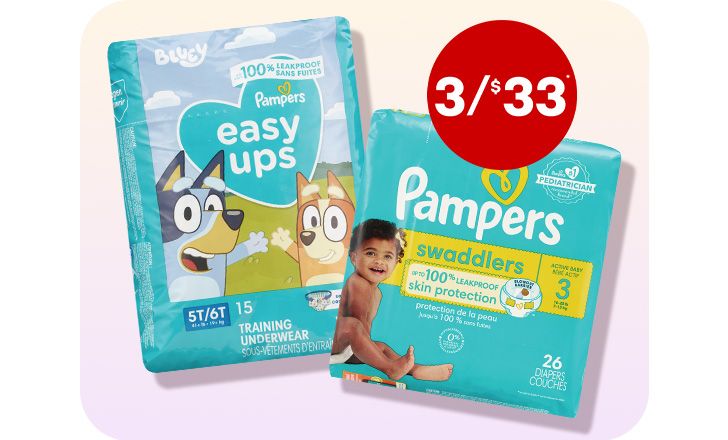 3 for $33. Pampers Bluey Easy-Ups training underwear and Pampers Swaddlers diapers