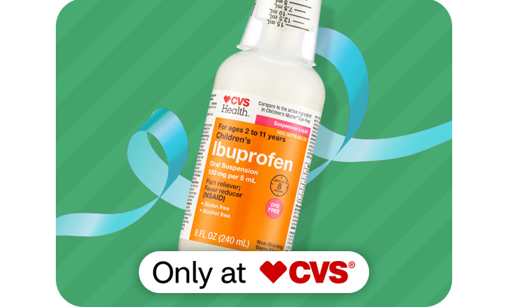 A bottle of CVS Health Children's liquid Iburprofen, only at CVS.