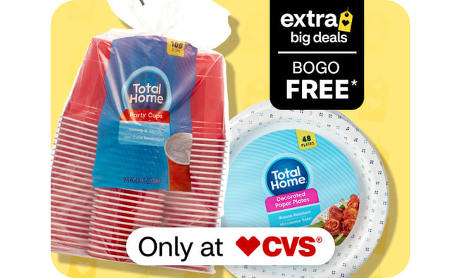 Extra Big Deals, buy 1, get 1 free. Only at CVS. Total Home cups and plates.