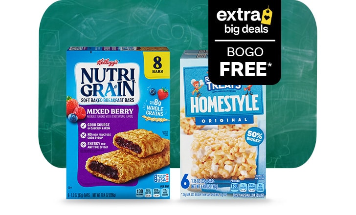Extra Big Deals. Buy 1, get 1 free. Kellogg's NutriGrain bars and Rice Krispy Treats Homestyle Original against a school chalkboard background.