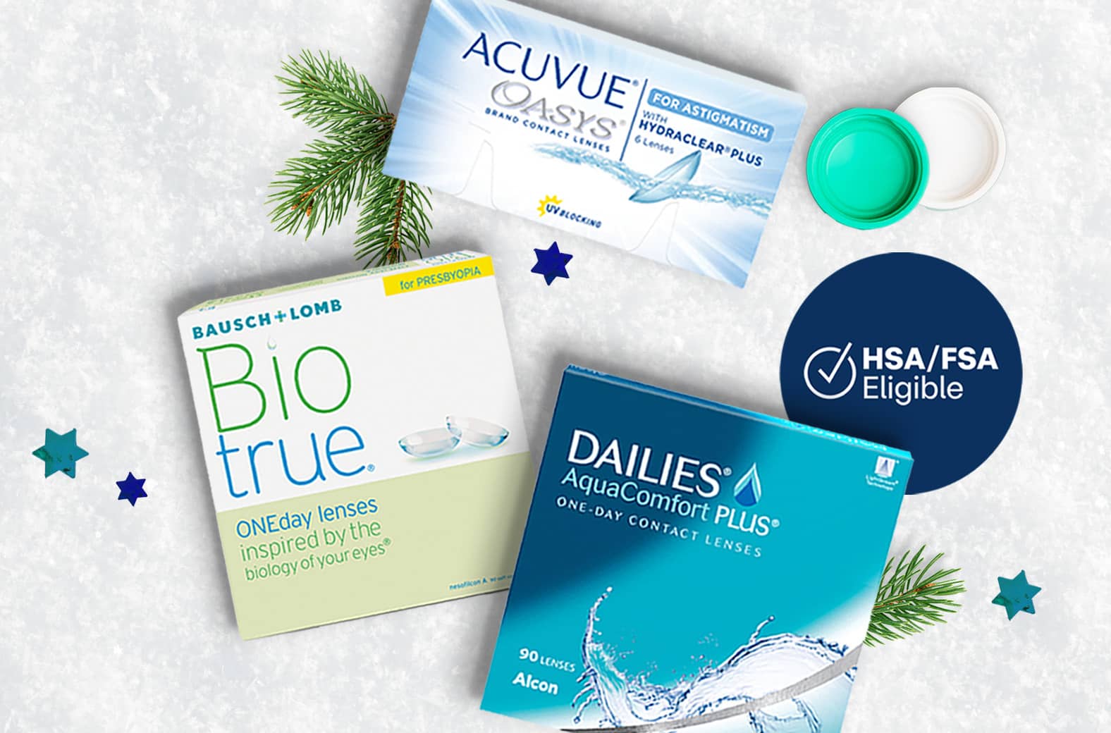 Dailies, Acuvue Oasys and Biotrue contacts, HSA/FSA eligible logo