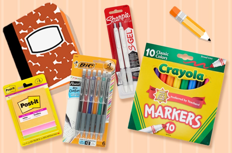 Back-to-school supplies, including Post-it Notes, Sharpie gel pens, Bic mechanical pencils and Crayola markers. Pictogram of a composition notebook and pencil