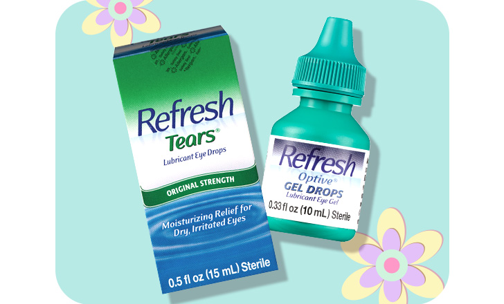 Refresh Tears eye drops and Refresh Optive gel drops against a pastel green background with pastel-colored flowers