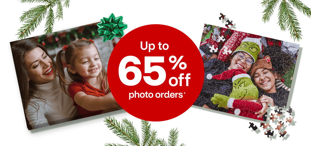 Up to 65 percent off photo orders, a canvas print and a photo puzzle with holiday scenes.