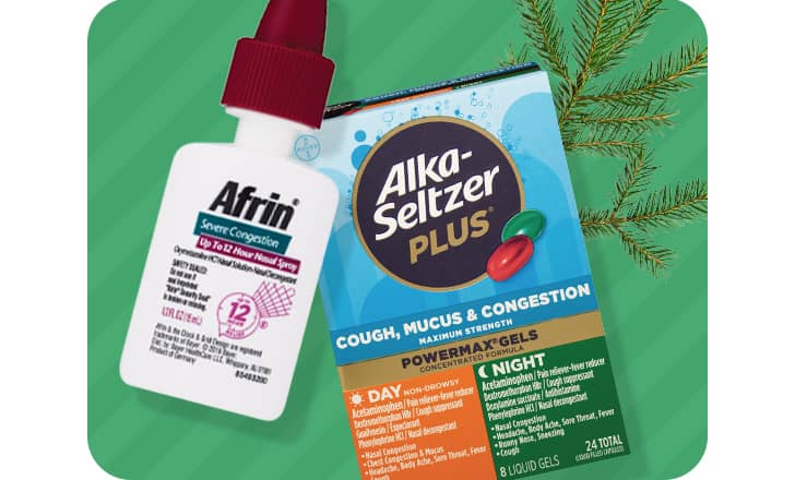 A bottle of Afrin nasal spray and a box of Alka-Seltzer Plus cold relief liquid gels.