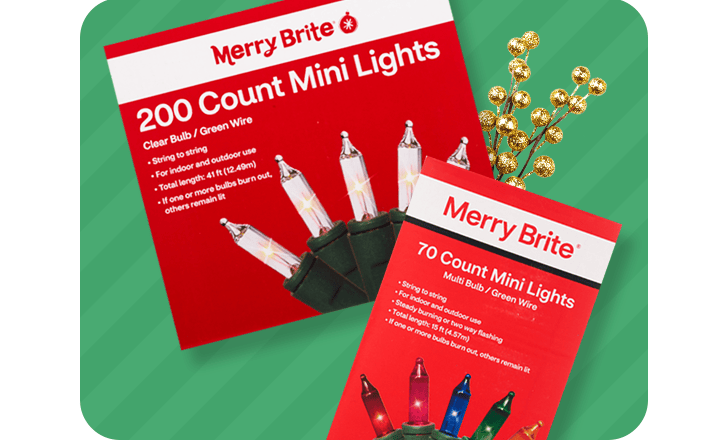 Merry Brite 200 count clear mini lights and 70 count multi mini lights.