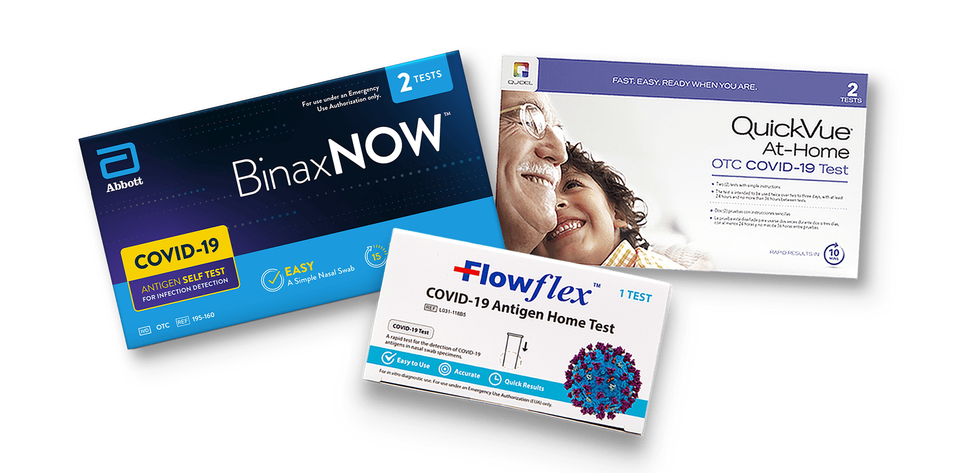 Kits de pruebas de COVID-19 para hacerse en casa BinaxNOW™, QuickVue® y Flowflex™