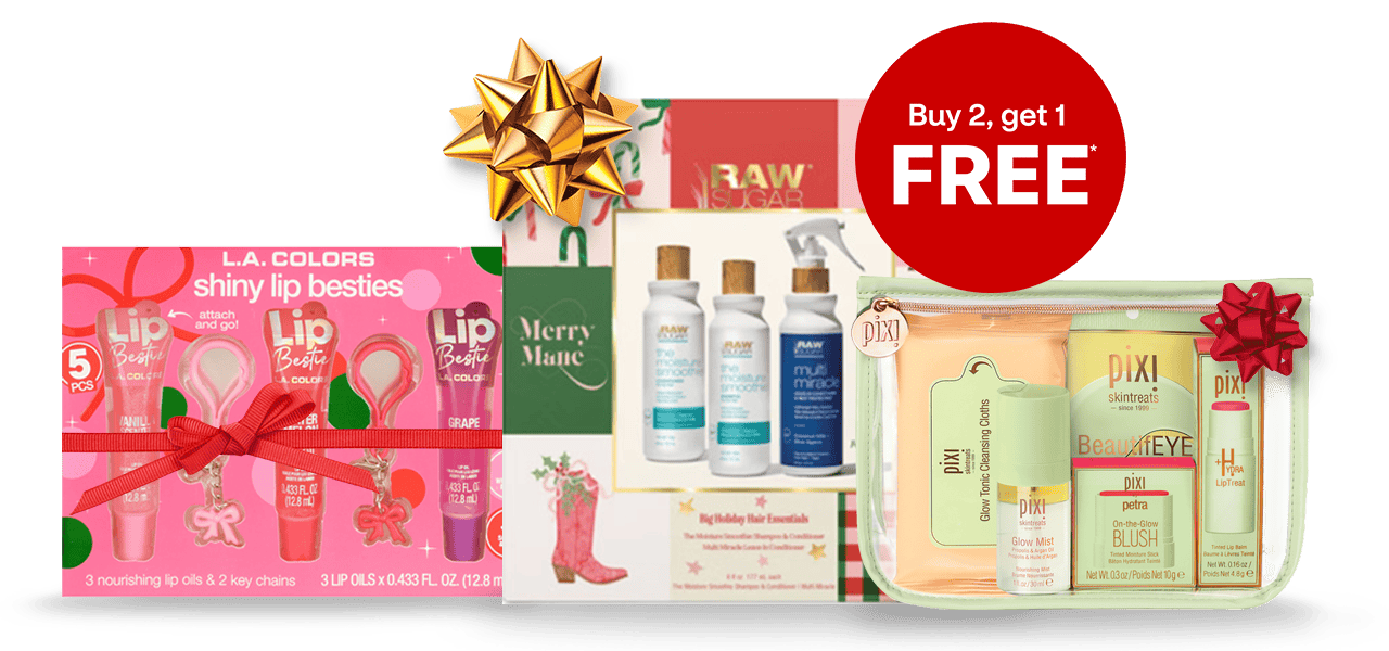 Buy two, get one free, L.A.Colors shiny lip besties, Raw Sugar Merry Mane and Pixi skin care gift sets