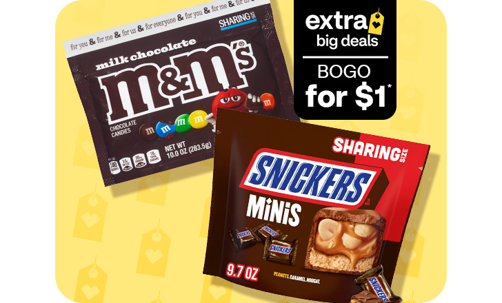 Extra Big Deals, buy 1, get 1 for $1. Sharing sizes of the milk chocolate M&M’s and Snickers Minis