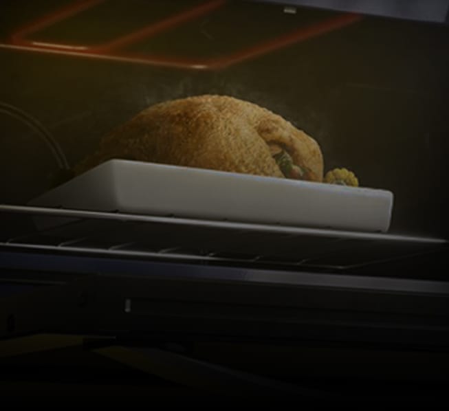 Detalhe do interior do forno elétrico, com um frango assado com fumaça