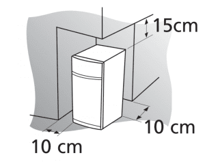 A imagem mostra uma geladeira e as medidas mínimas de distância entre o produto e as paredes. ( 10 cm no fundo e laterias e 15 cm do topo).