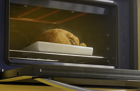 Detalhe do interior do forno elétrico, com um frango assado com fumaça, a luz acesa e um tom mais avermelhado por conta da resistência quente. A luz desliga, sai o tom avermelhado, como se ele tivesse desligado automaticamente.