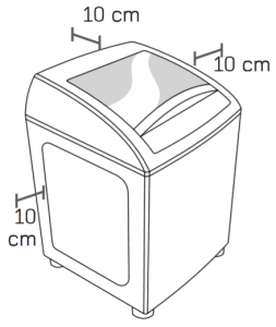 Imagem de uma máquina de lavar, mostrando que deve existir 10 cm de distância entre as laterais da máquina com relação as paredes