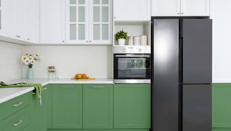 Stylish,Furniture,And,Modern,Refrigerator,In,Kitchen.,Interior,Design