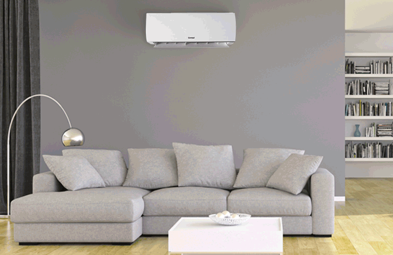 Vemos um ar-condicionado aquecendo uma sala.