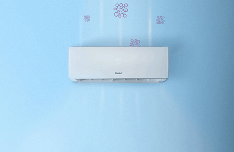 Ar-condicionado com ilutrações indicando a limpeza do ar