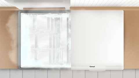 Um freezer aberto com os textos: Contato do evaporador com a chapa interna. Circulação de ar.