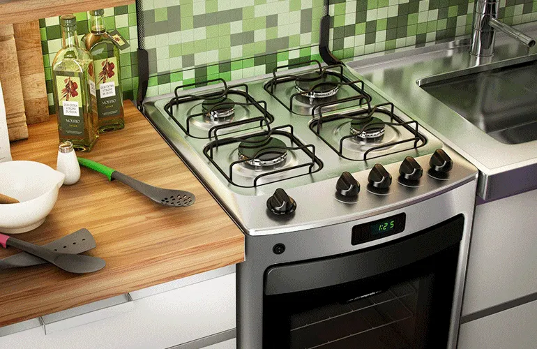 Fogão inox embutido na bancada da cozinha com lista de vantagens: design moderno, facilidade para limpeza e mais durável