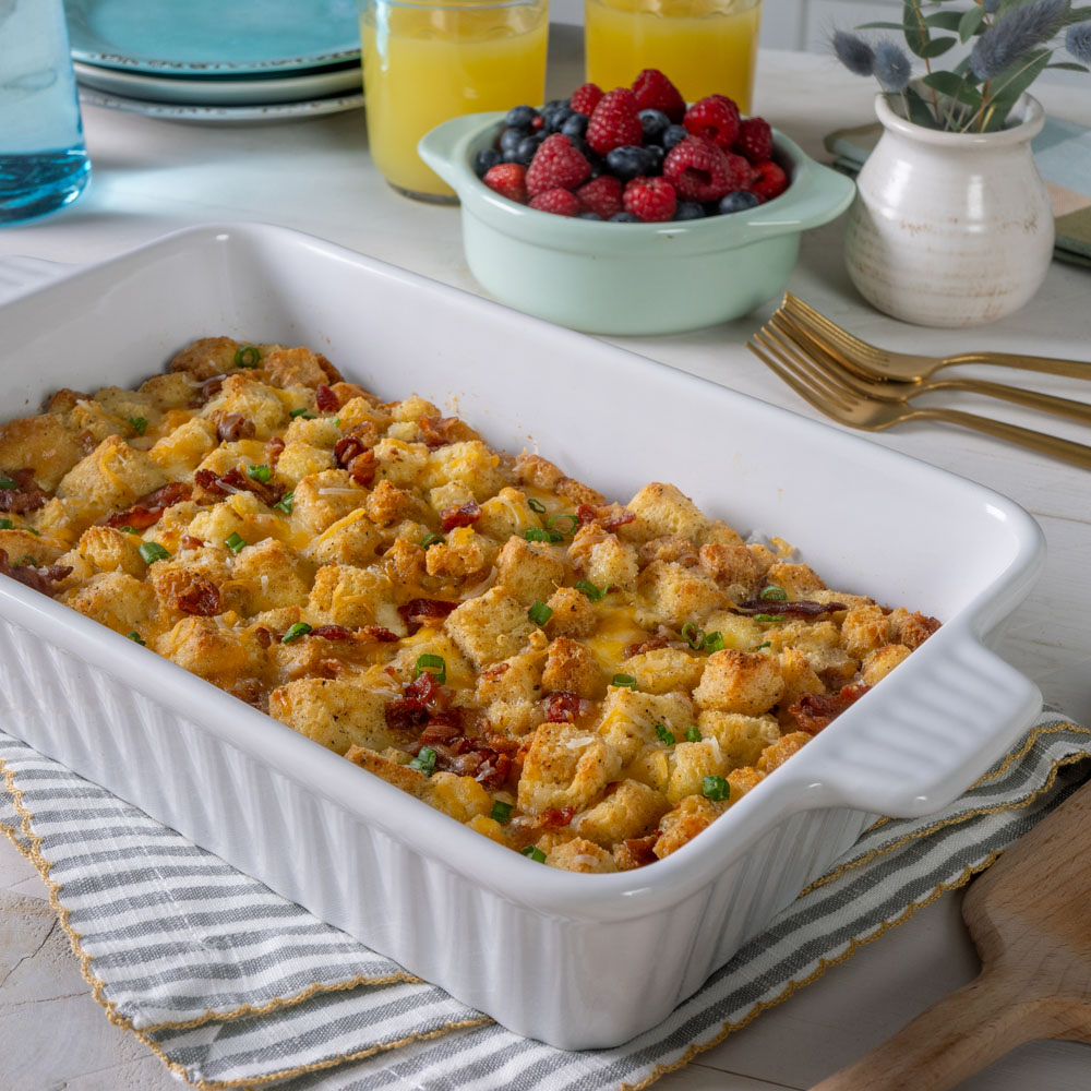 Whole dish of savory breakfast casserole