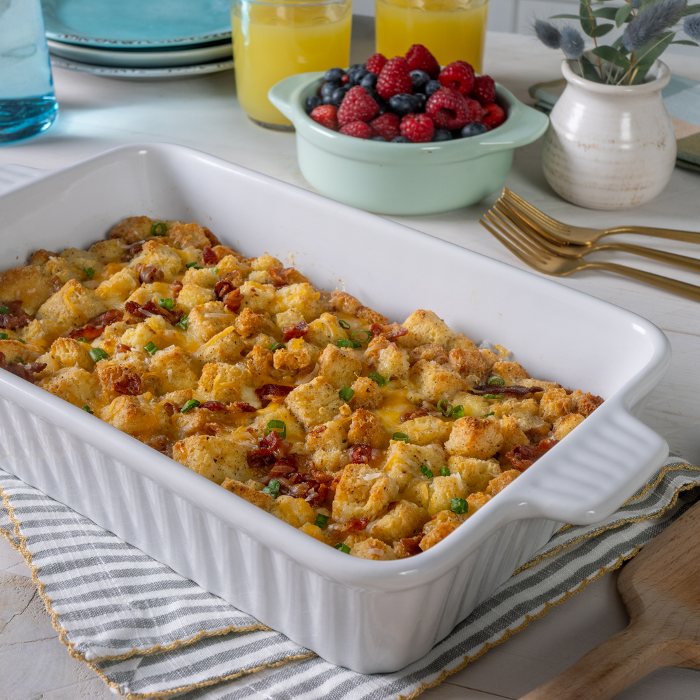 Whole dish of savory breakfast casserole