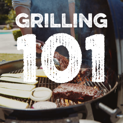 Steaks and vegetables on the grill with text "Grilling 101"