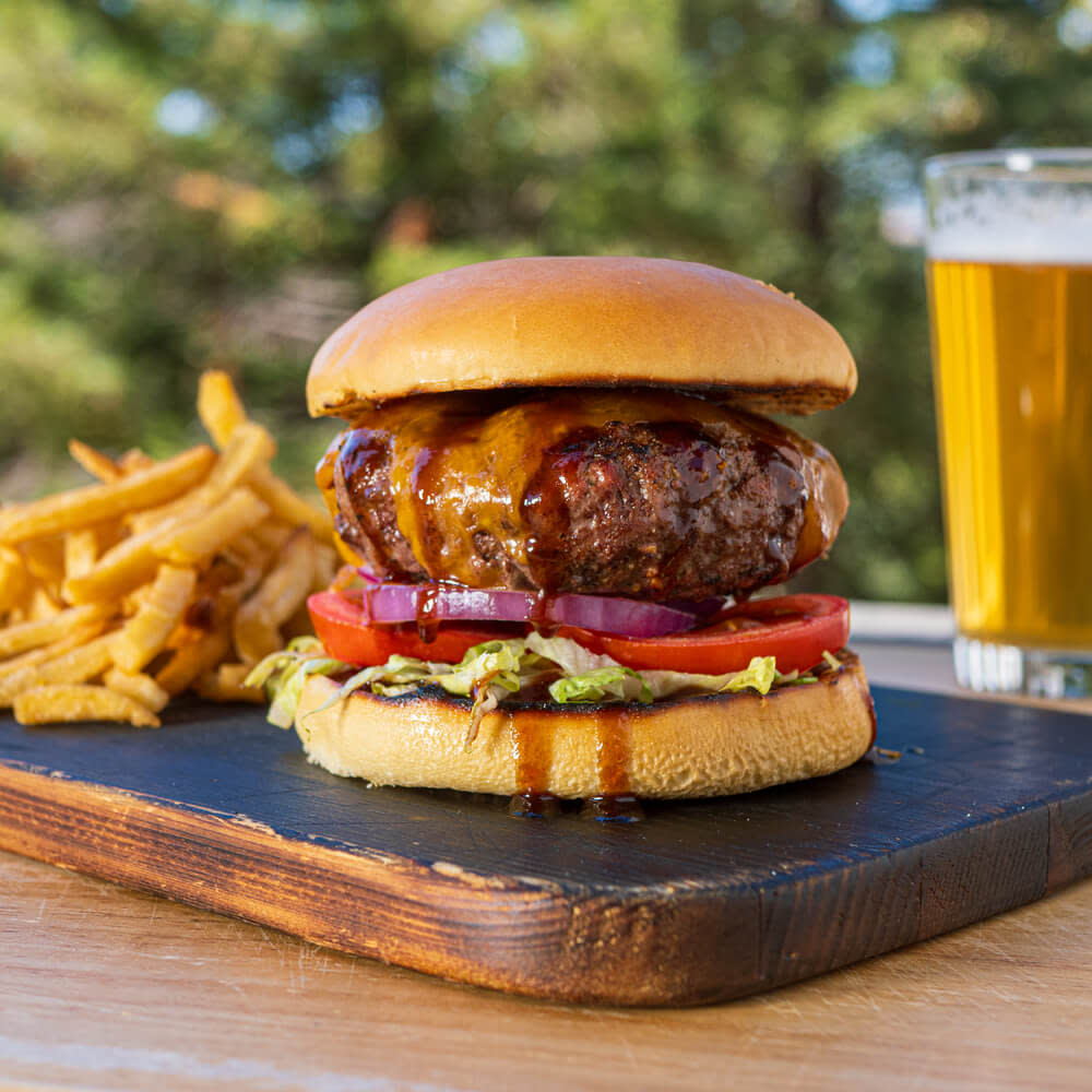 Juicy burger with fries