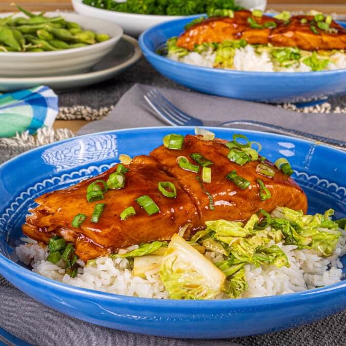 Glazed salmon over a bed of lettuce and rice